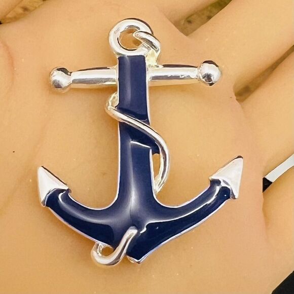 Danecraft Vintage 70's Navy Blue Silver Enamel Ship Anchor Brooch Nautical 1324 - Picture 1 of 8
